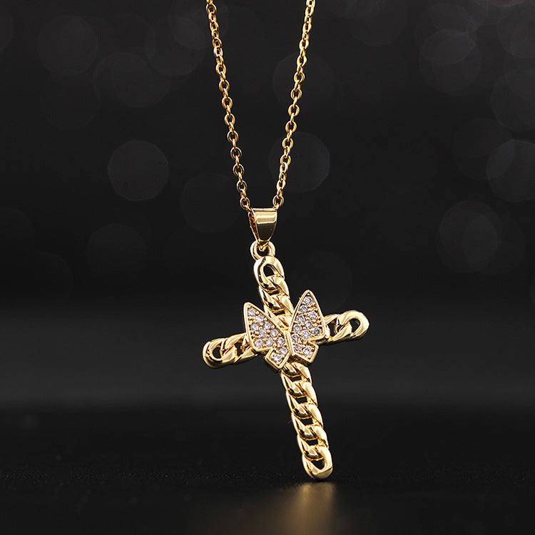 Gold Plated Titanium Steel Chain Golden Butterfly Cross Pendant Necklace