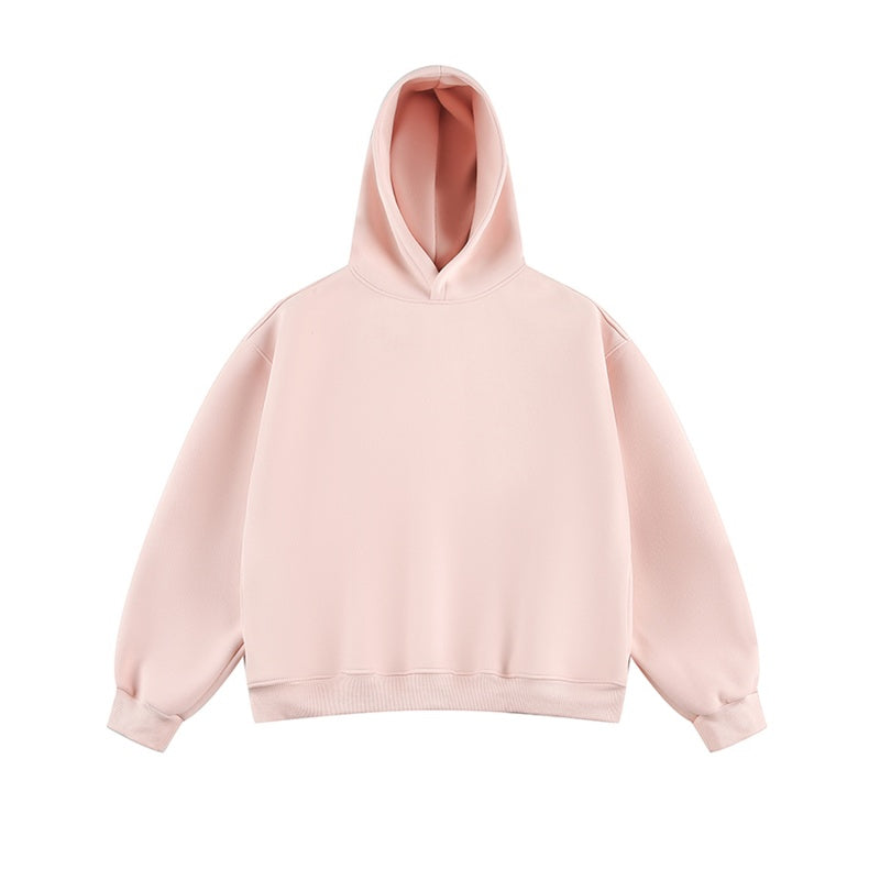 Short Wide Fleece Hooded Sweatshirt For Men And Women In American Solid Color