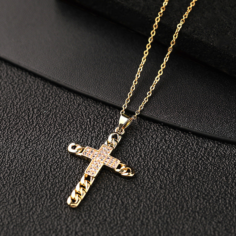 Gold Plated Titanium Steel Chain Golden Butterfly Cross Pendant Necklace