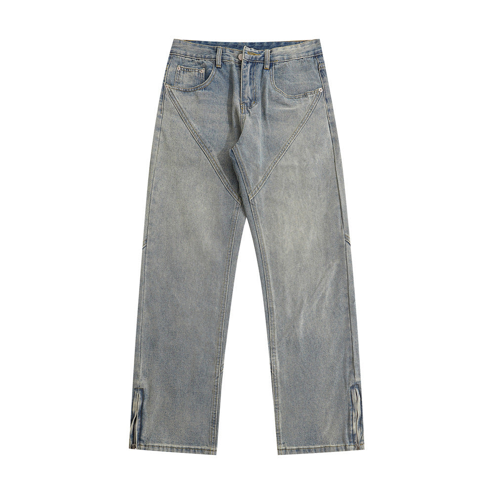 Men's Patchwork Washed Denim Straight Jeans