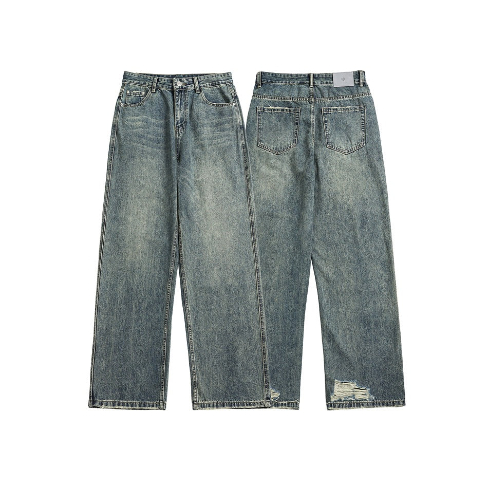 Retro Tattered Jeans Loose Wide Leg Denim Trousers